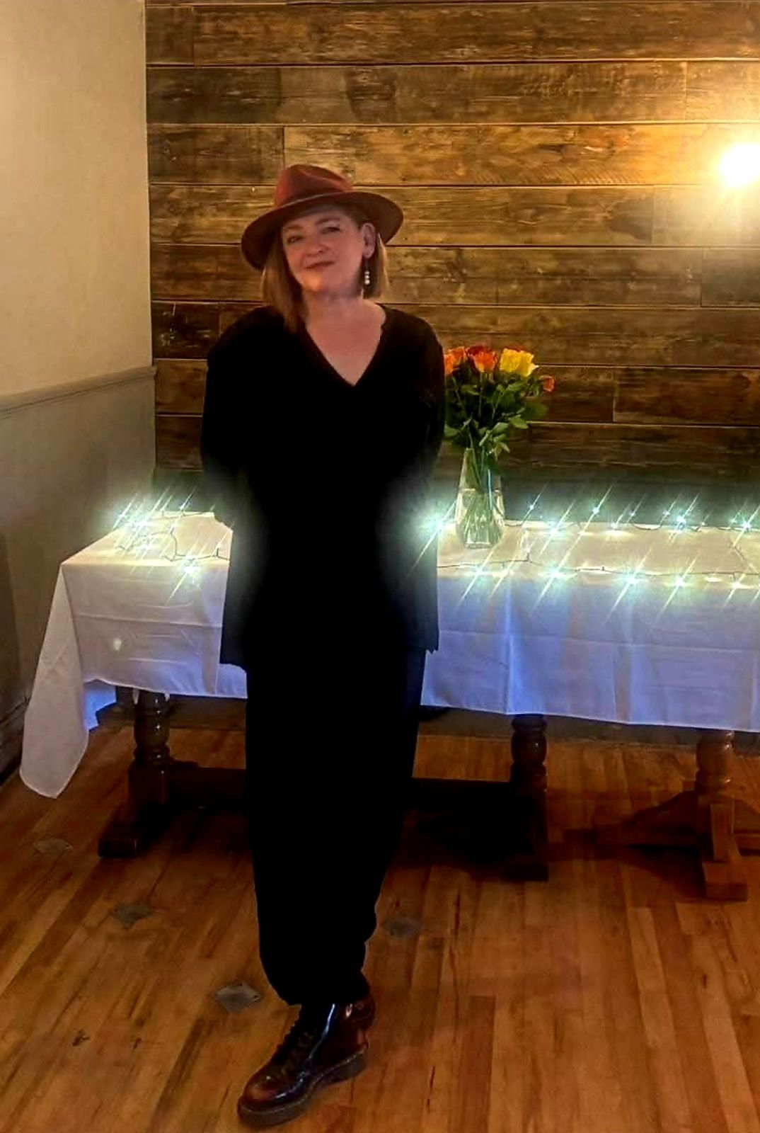 Nikki ready for an evening event, with flowers and fairy lights
